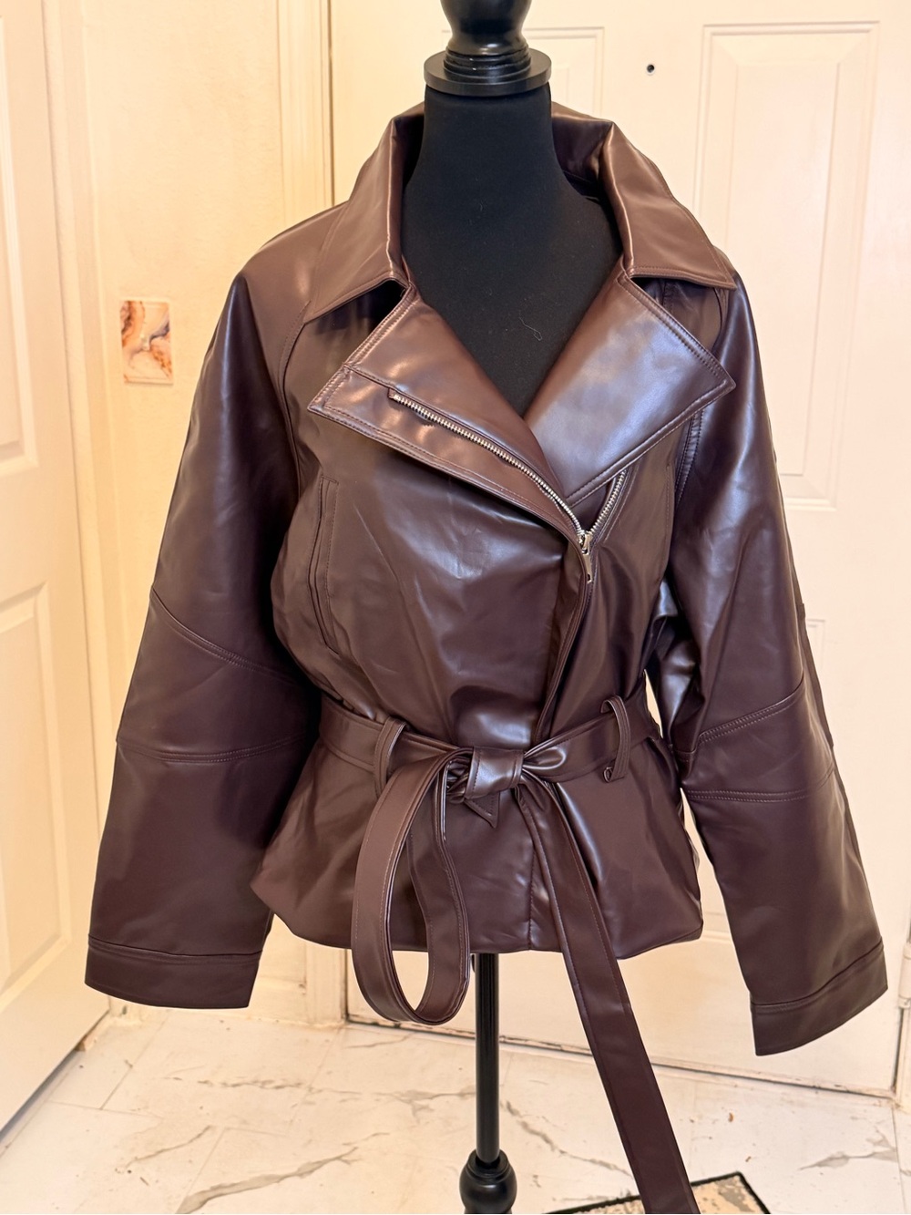 Women’s Brown Belted Faux Leather Moto Jacket